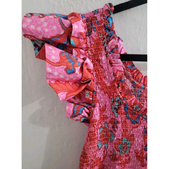 Tuckernuck Pink Floral Smocked Dress Ruffle Sleeve Tiered Midi Cotton XL - Picture 3 of 10